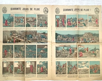 Antique French Noah's Ark Print Quarante Jours de Pluie Illustrated Religious Broadsheet Nursery Wall Art