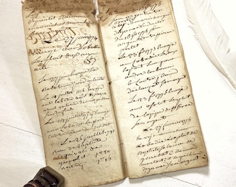 1774 Handwritten Notebook Rag Paper, Antique French Manuscript, Junk Journal, Curiosity Ephemera
