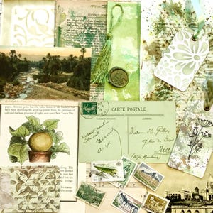 Grünes French Journal Paper Kit - Inspiration Pack mit Vintage Papieren, Postkarten, Briefmarken & Ephemera zur Verzierung von Junk Journal