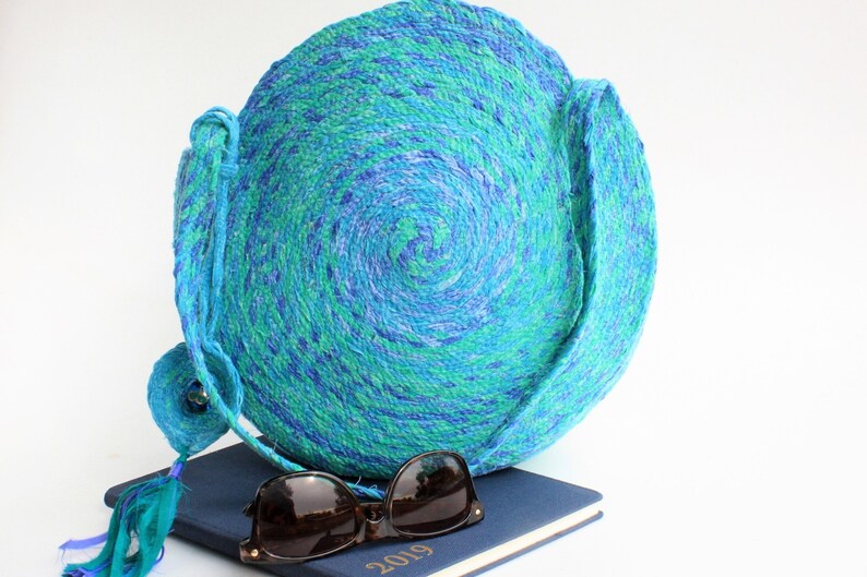 Upcycled Bag Shoulder Bag Blue Green Turquoise Round Bag