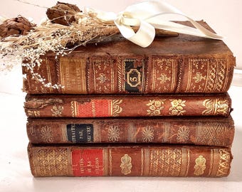 1800s 4-Book Set, Leather Bound Religious Mini Library for Collection, Repurpose or Interior Decoration