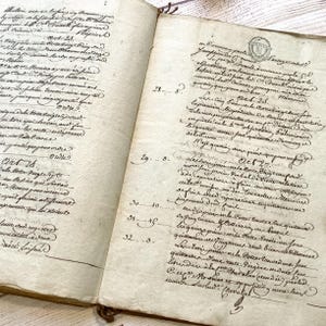 Puede incluir: Un libro antiguo abierto con páginas envejecidas y amarillentas llenas de escritura manuscrita. La tinta es oscura y el texto parece estar en cursiva. El libro está abierto en dos páginas, revelando documentos históricos detallados.