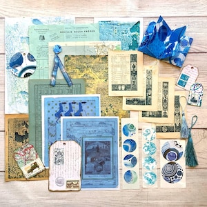 Blue-themed Art Inspiration Pack French Ephemera Bundle for Junk Journaling Collage Fodder Mixed Media Kit of Papers, Tags, Stickers etc