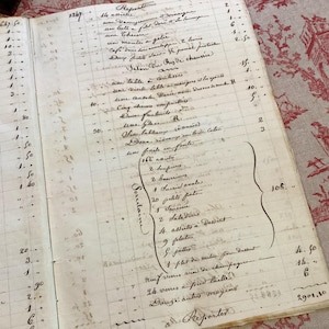 Può includere: Un libro mastro antico aperto con voci manoscritte in inchiostro nero sbiadito. La carta invecchiata mostra numerose righe di testo, numeri e calcoli. Il libro è aperto su una doppia pagina, con la pagina di destra con una lunga lista di articoli.
