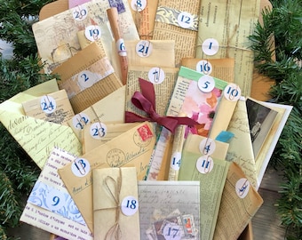 Adventskalender voor junkjournal, grote bundel collagevoedergewassen Franse vintage boekpagina&#39;s, documenten en kortstondige