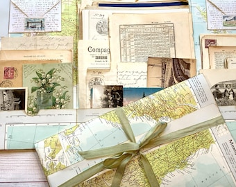Junk Journal Frans vintage cadeaupakket met papieren en ephemera in een met linten gebonden map