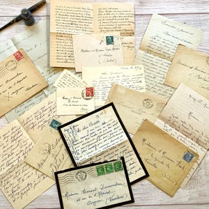 8 cartas francesas antiguas con sobres, con hermosa escritura cursiva antigua, matasellos y sellos, paquete de efímeras manuscritas en francés.
