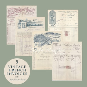 Peut inclure: Cinq factures françaises vintage, aux tons bleus et sépia. Les documents présentent du texte manuscrit, des tampons et des éléments décoratifs. L'image comprend le texte "5 Vintage French Invoices Set 1 Digital Download."