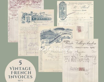 5 facturas francesas antiguas de descarga digital instantánea, efímeras antiguas de principios del siglo XX con escritura cursiva manuscrita.