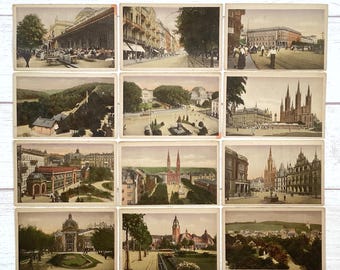Set of 12 Antique Wiesbaden Postcards c1908–1912, Hand-Tinted Kupfertiefdruck