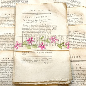 Antica carta di cotone francese del 1785 – 20 pagine stampate d'epoca per collage, tecniche miste, acquerelli, carta fatta a mano invecchiata, 8,5 x 5 pollici.
