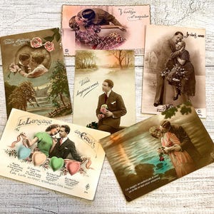 Vintage Romantic French Postcards Set of 6 Sepia and Colored Antique Love Cards Romantic Gift Idea Unique Engagement Gift