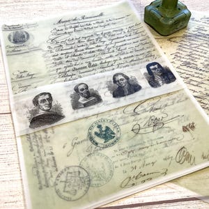Manuscritos franceses translúcidos impresos con láser a color sobre vitela, técnica mixta, collages, revistas basura, material único para collages, 6 hojas