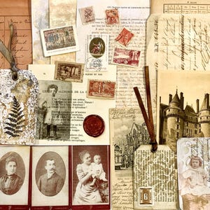 Zestaw kolaży w kolorze czerwonym, pakiet inspiracji do dzienników śmieciowych z francuskimi papierami antycznymi, pocztówkami, znaczkami i efemerycznymi materiałami artystycznymi