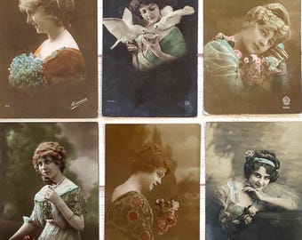 6 French Vintage Ladies Portrait Postcards 1918–1922, Antique Written Postcard, Edwardian Era Ephemera