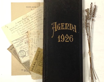 1926 French Agenda with Pinned-in Receipts, Antique Planner, Diary with Handwritten Entries, Ephemera Junk Journal, Tall Narrow Notebook