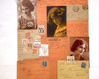 Orange Vintage French Ephemera Pack, Authentic Antique Papers, Invoices, Postcards, Stamps, Junk Journaling
