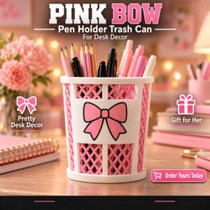 May include: A white cylindrical pen holder featuring a pink lattice pattern and a prominent pink bow graphic on the front. The container is filled with various pens and pencils. Text on the image reads PINK BOW Pen Holder Trash Can.