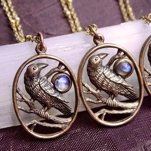 Celtic Raven Pendant Necklace | Wiccan Moonstone Jewelry | Pagan Bronze Bird Charm