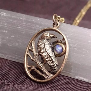 Gold Raven Moonstone Necklace | Handcrafted Bronze Bird Pendant | Mystical Jewelry Gift