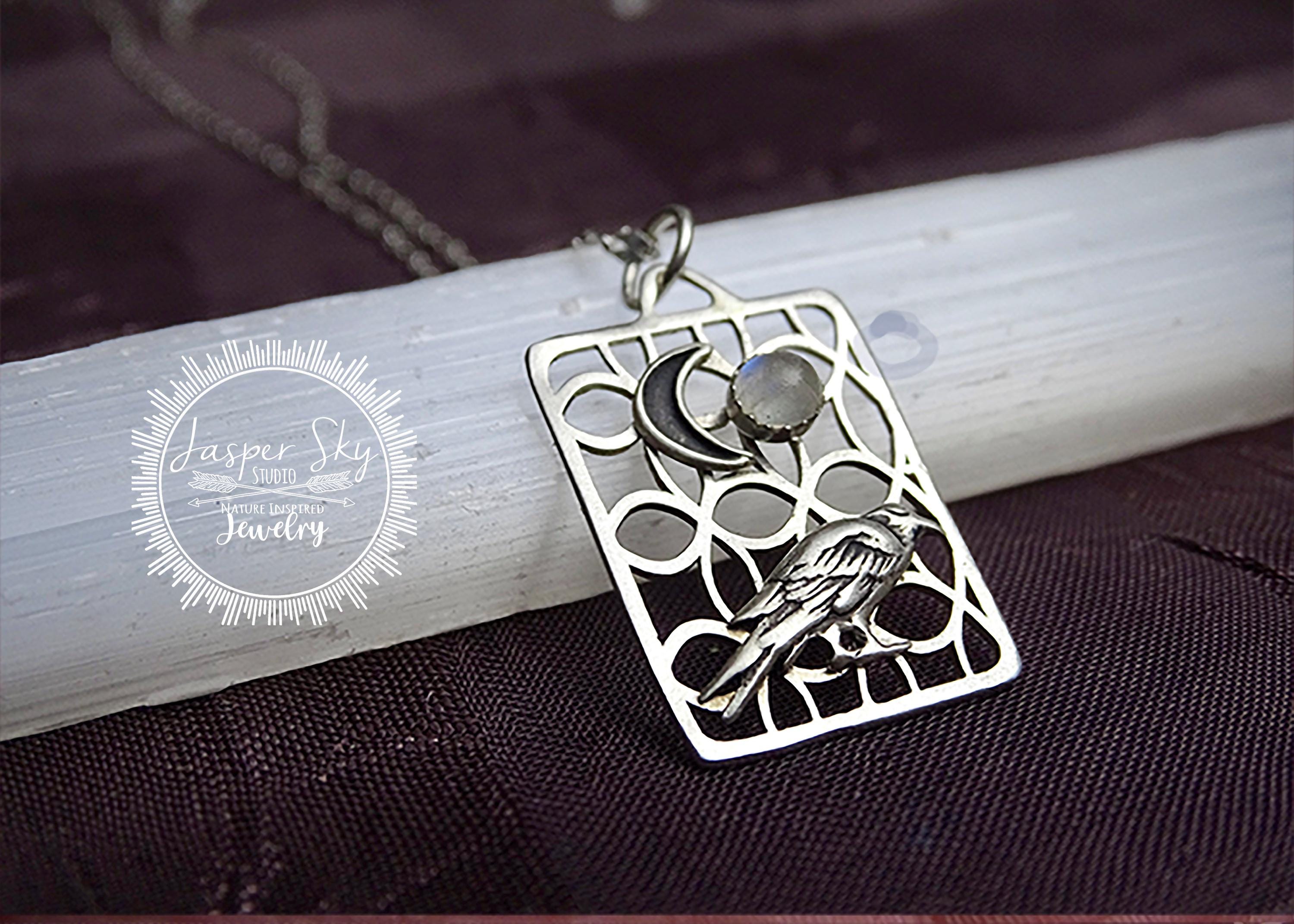 Eudora Collana in argento sterling 925 con corvo Pietra di luna Conchiglia di abalone Luna Ciondolo vintage Stregoneria Gioielli Regalo per feste per le donne  36