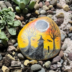 Witch themed hand painted rock