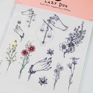 Minimal Flower Tattoo Tiny Flower tattoo Tarot tattoo Small Floral tattoo Gothic tattoo mini Flower Temporary Tattoos Minimal Tattoo Sticker