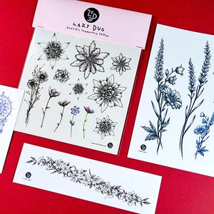 Party Picks! Flower World Realistic Temporary Tattoo Stickers Boho Floral tattoos Delicate Fineline tattoo Designs Minimal Botanical tattoos