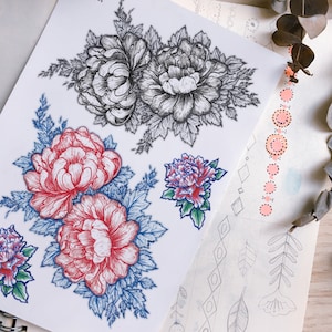 Vintage oude Hong Kong tijdelijke tattoo sticker rode pioen tattoo grote bloem tattoo flash bloemen tattoo ontwerp klaproos tattoo roos tattoo idee