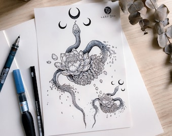 Blackwork Moon Snake Peony Temporary tattoo Sticker Tattooist Tattooer Moon tattoo flash Realistic Tattoos Men Gifts Him Long Lasting Tattoo