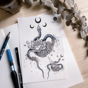 Blackwork Moon Snake Peony Temporary tattoo Sticker Tattooist Tattooer Moon tattoo flash Realistic Tattoos Men Gifts Him Long Lasting Tattoo