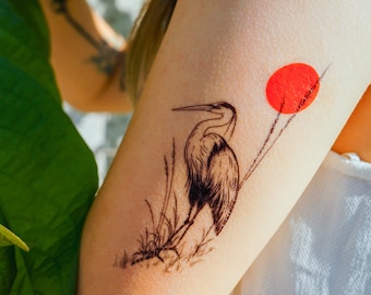 Japanese Bird Tattoo Design Sunset Heron Tattoo Flash Animal Temporary Tattoos Art Decor Illustrative Tattoo Stickers Realistic Temp Tatts