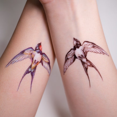 Dual Black Swallow Tattoos, Blue Bird Temporary Tattoo Sticker, Pair of Swallows Illustration, Party Body Art, Summer Festival Accessories