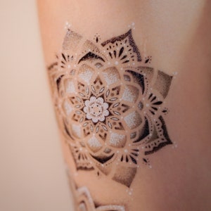 Floral Mandala Tattoo Sticker, White Flower Temporary Tattoo Design, Balance and Wise Universe Symbol, Bohemian Festival Fashion Accessories