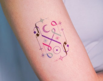 Alchemist Sun & Moon Temporary Tattoo Sticker Major Symbols of Alchemy Silver and Gold Earth Tarot Pattern Festival Fake Tattoo Purple Black