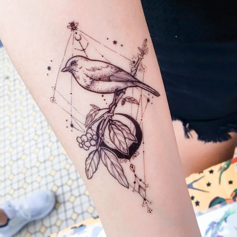 Black Moon Bird tattoo flash Delicate Swallow tattoo Animal | Etsy