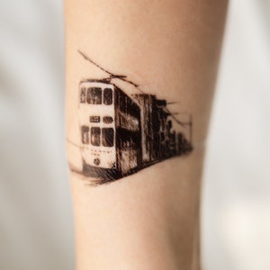 Hong Kong Tram and City Skyline Tattoo Sticker, Skyscape Temporary Tattoo Art, The beautiful Hong Kong landmarks and trams, Minimal Tattoos