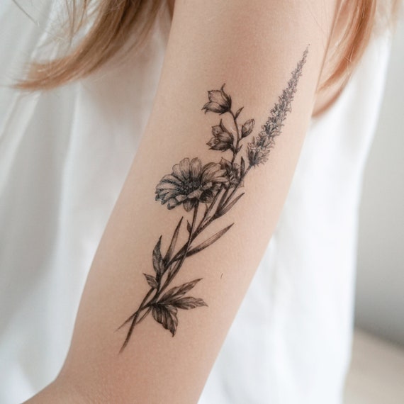 Minimal Flower Tattoo Floral Tattoo Tatouage Temporaire Mini Etsy