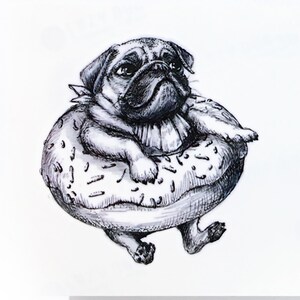 May include: A monochrome illustration of a pug dog inside a donut. The pug has a melancholic expression and wears a frilled collar. The donut is decorated with sprinkles.