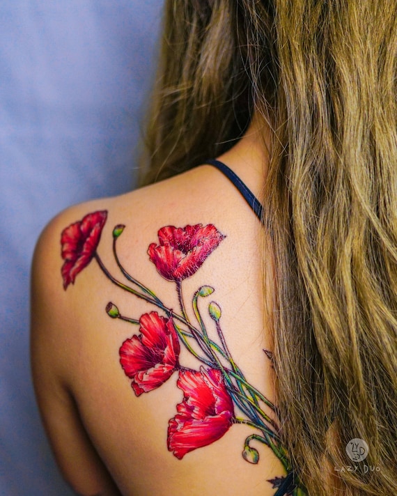 Large Poppy Flower Tattoo Red Poppy Flower Temporary Tattoo Etsy