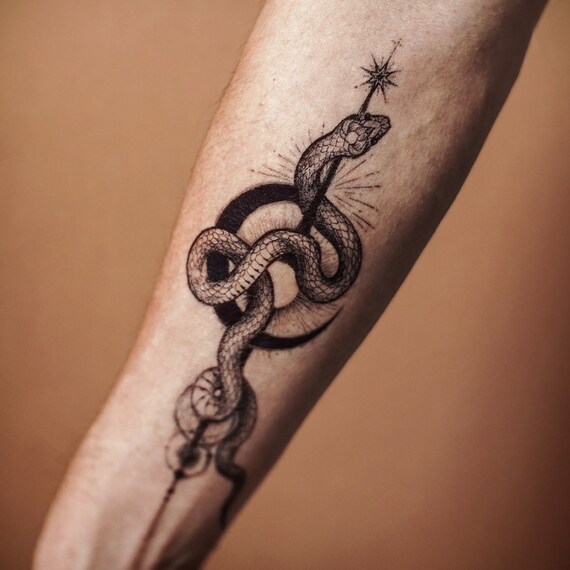 Tatouage Serpent Tatouage Temporaire De Serpent Floral Fleur De Pivoine Tatouages Tatouage De Lune Lune Tattoo Sticker Réaliste Tatouages Hommes