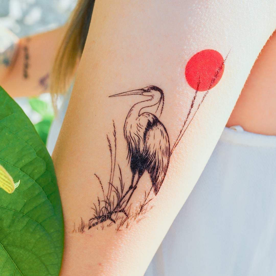 Japanese Bird Tattoo Design Sunset Heron Tattoo Flash Animal Temporary  Tattoos Art Decor Illustrative Tattoo Stickers Realistic Temp Tatts 