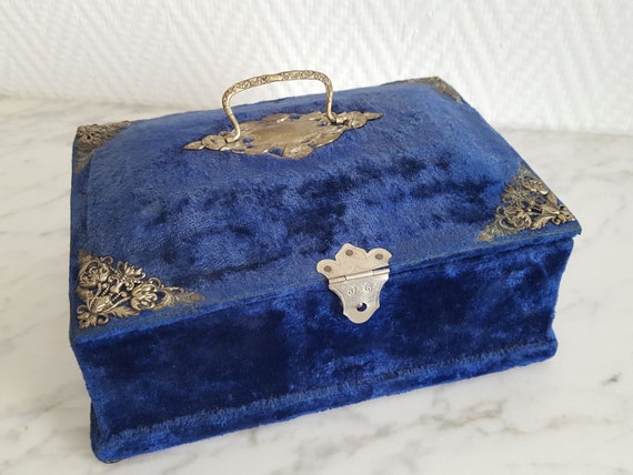 Napoleon III blue velvet sewing box jewelry box -