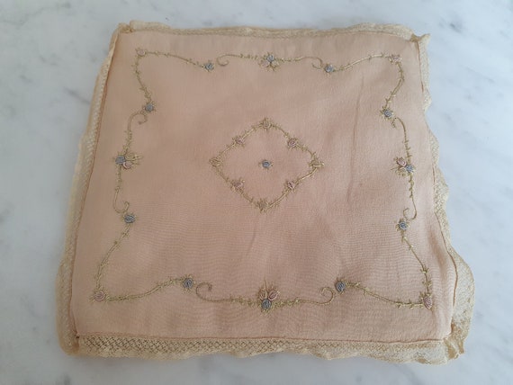 Two old handkerchiefs embroidered white cotton hands in their original box