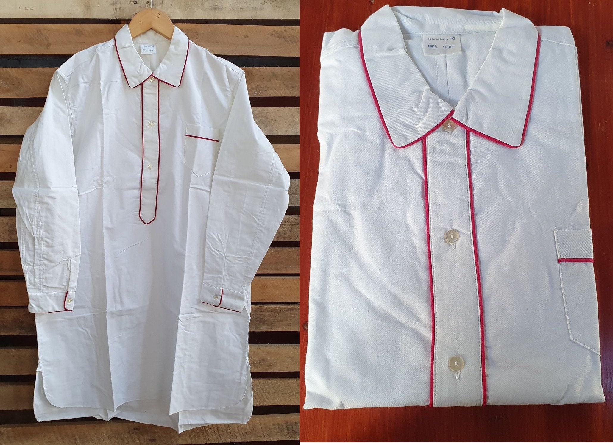 Chemise de nuit homme ancienne liquette gansée rouge 655 | Etsy