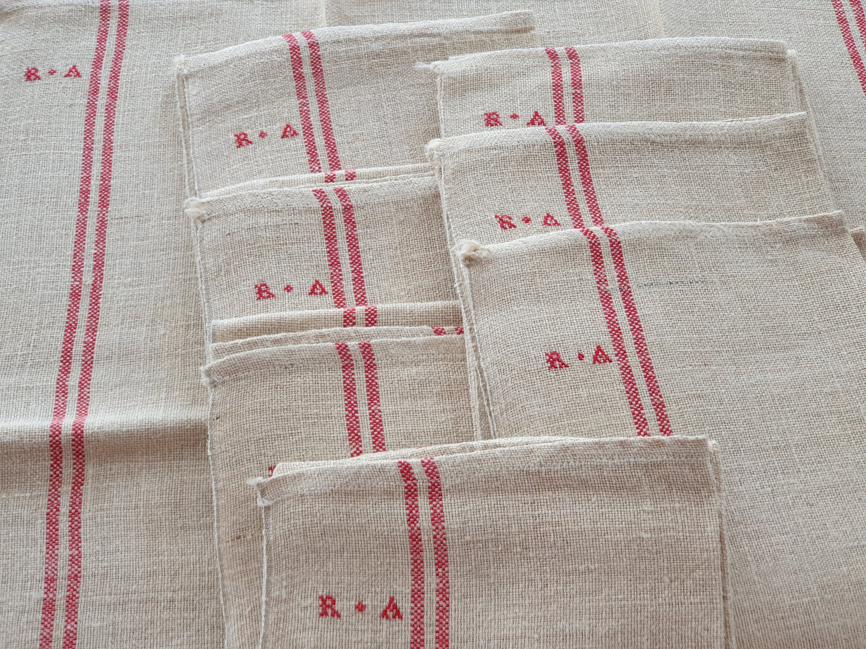8 Torchons Anciens en Chanvre à Liteau Rouge Monogramme Ra - 1375