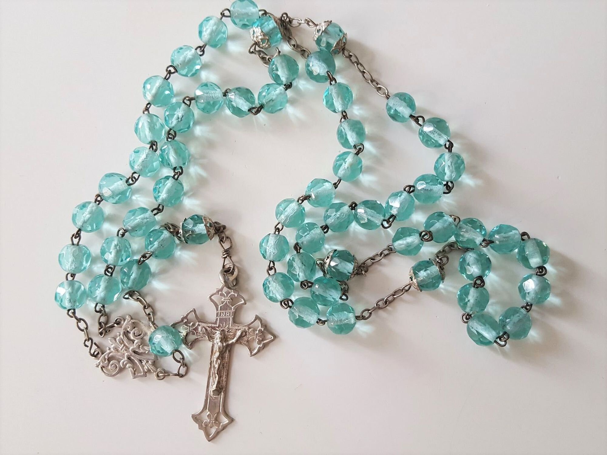 Chapelet Ancien Perles Vertes Croix Médaillé Ciselées Rosary - 14794