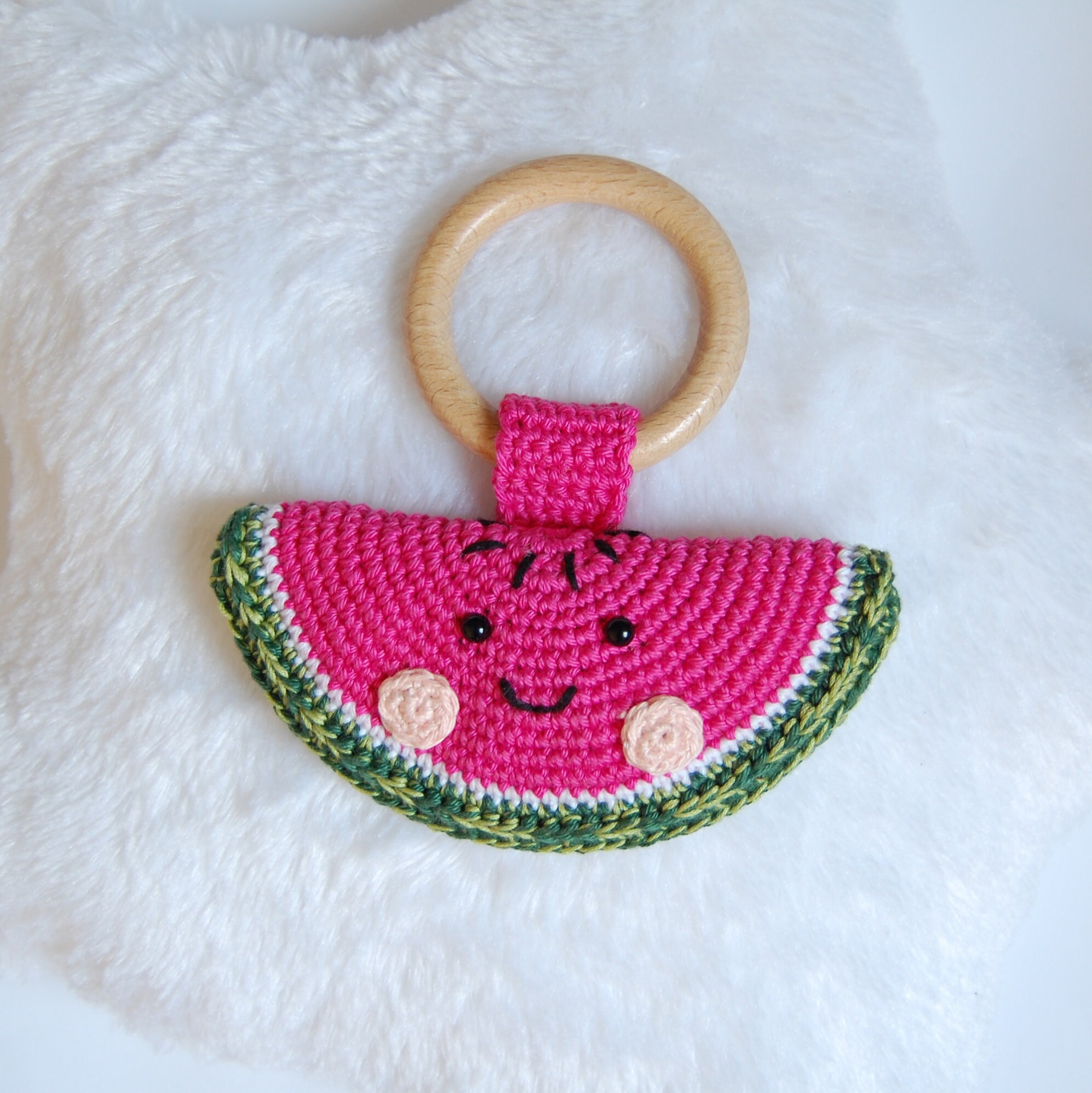 Baby Teething Toy Crochet Watermelon Teether Wood Teething Etsy