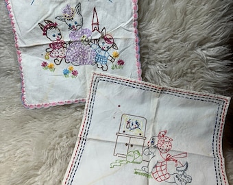 Two Easter Themed Vintage Hand-stitched Handkerchiefs