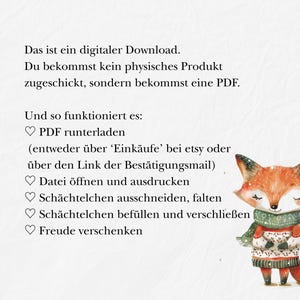 May include: Digital download instructions with a watercolor illustration of a fox wearing a scarf and sweater. The text explains the process: download PDF, open and print file, cut and fold boxes, fill and close boxes, and give joy.